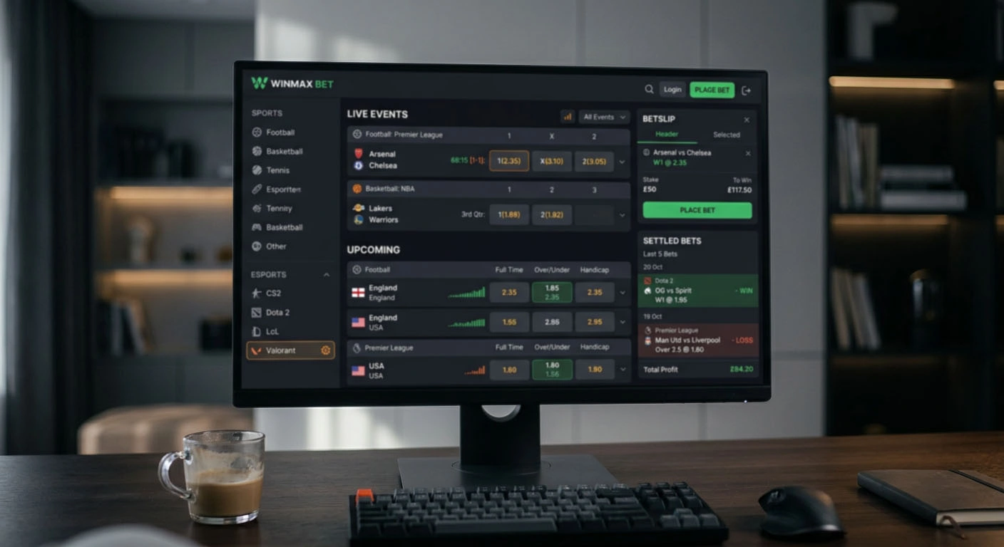 Sports and esports betting screen with odds, event selection and settlement records