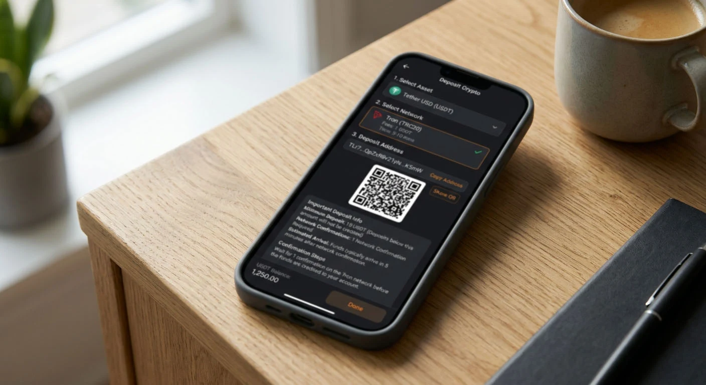 Crypto deposit flow showing asset, network, address, minimum and confirmation steps