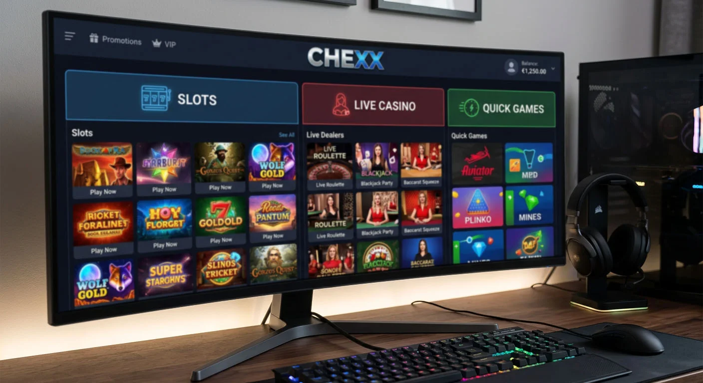 CHEXX casino catalogue organised into slots, live casino and fast games