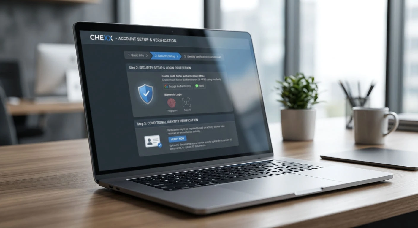 CHEXX account setup with login security and conditional identity verification