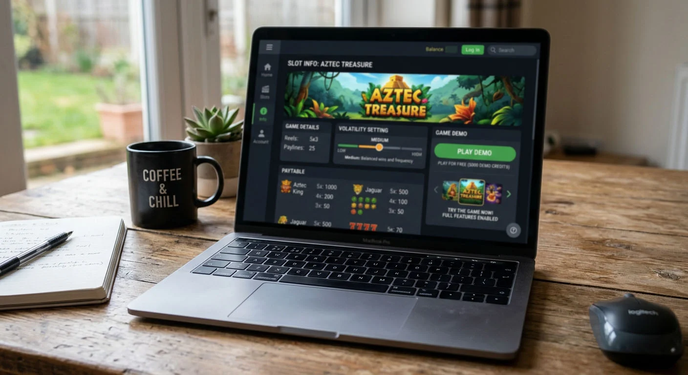 Slot game information showing volatility, paytable details and demo controls