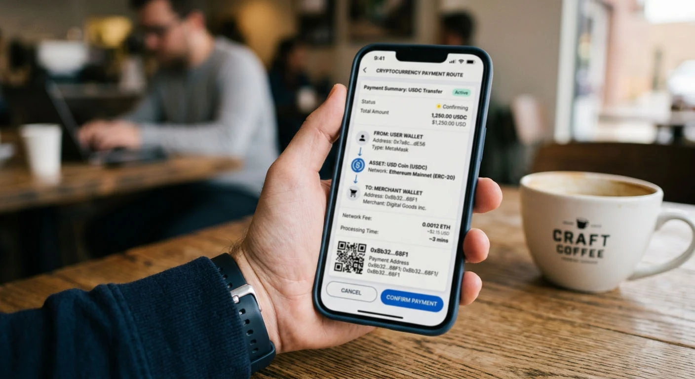 Crypto payment route showing asset, blockchain network, address and confirmation