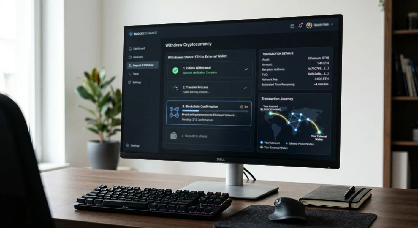Crypto withdrawal flow from account balance to blockchain confirmation and wallet receipt