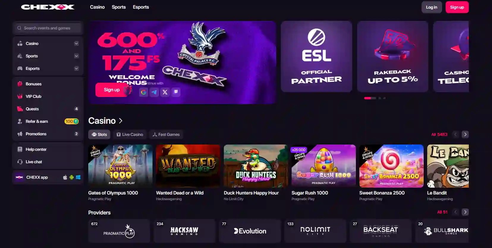 CHEXX casino interface with casino, sportsbook and esports navigation