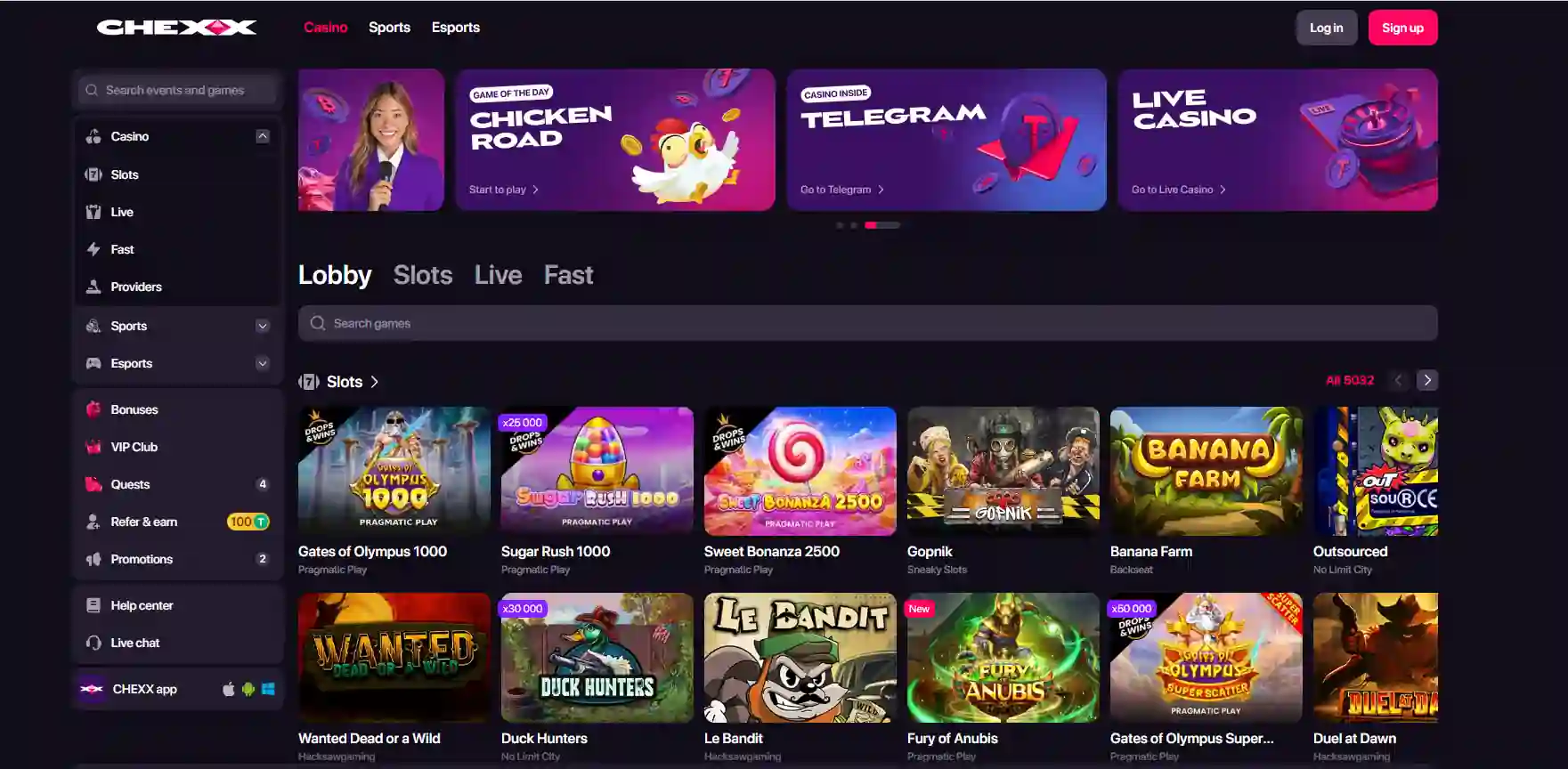 CHEXX casino lobby with slots and live-casino categories